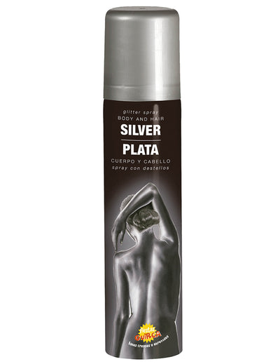 Détail du rendu scintillant du spray pour le corps à paillettes pour adulte argenté