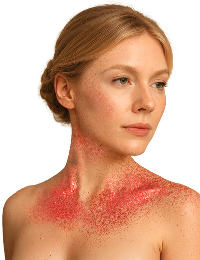 Détail de la texture des paillettes du spray à paillettes pour le corps pour femme