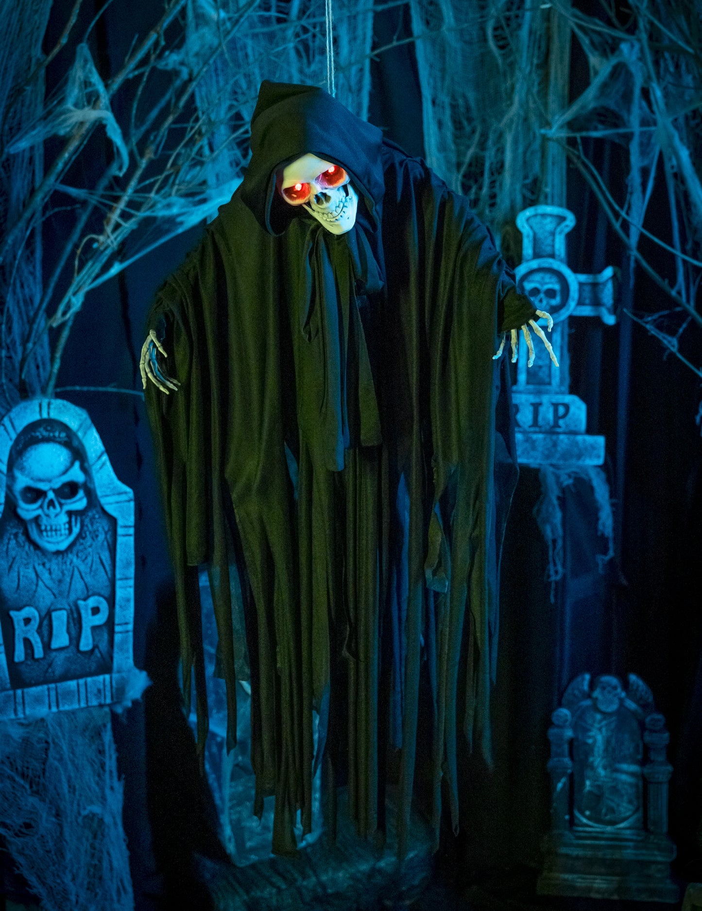 Světelná, zvukem nabitá, animovaná halloweenská kostra z 90. let cm