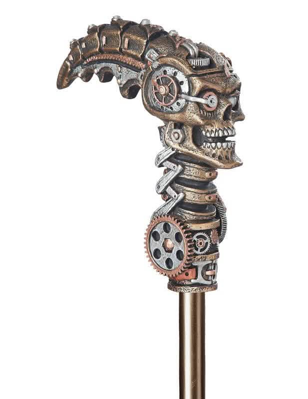 Detail mechanismu hlavice rukojeti ve tvaru lebky z hole steampunk