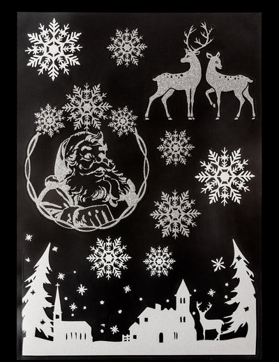 Stickers pour vitre village de noël et flocons pour décoration argentés pailletés