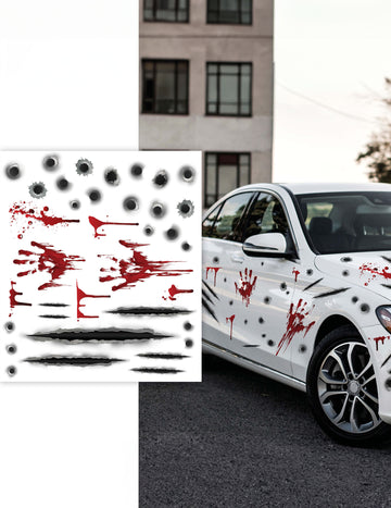 Samolepky na auta s dírami po kulkách a skvrnami od krve