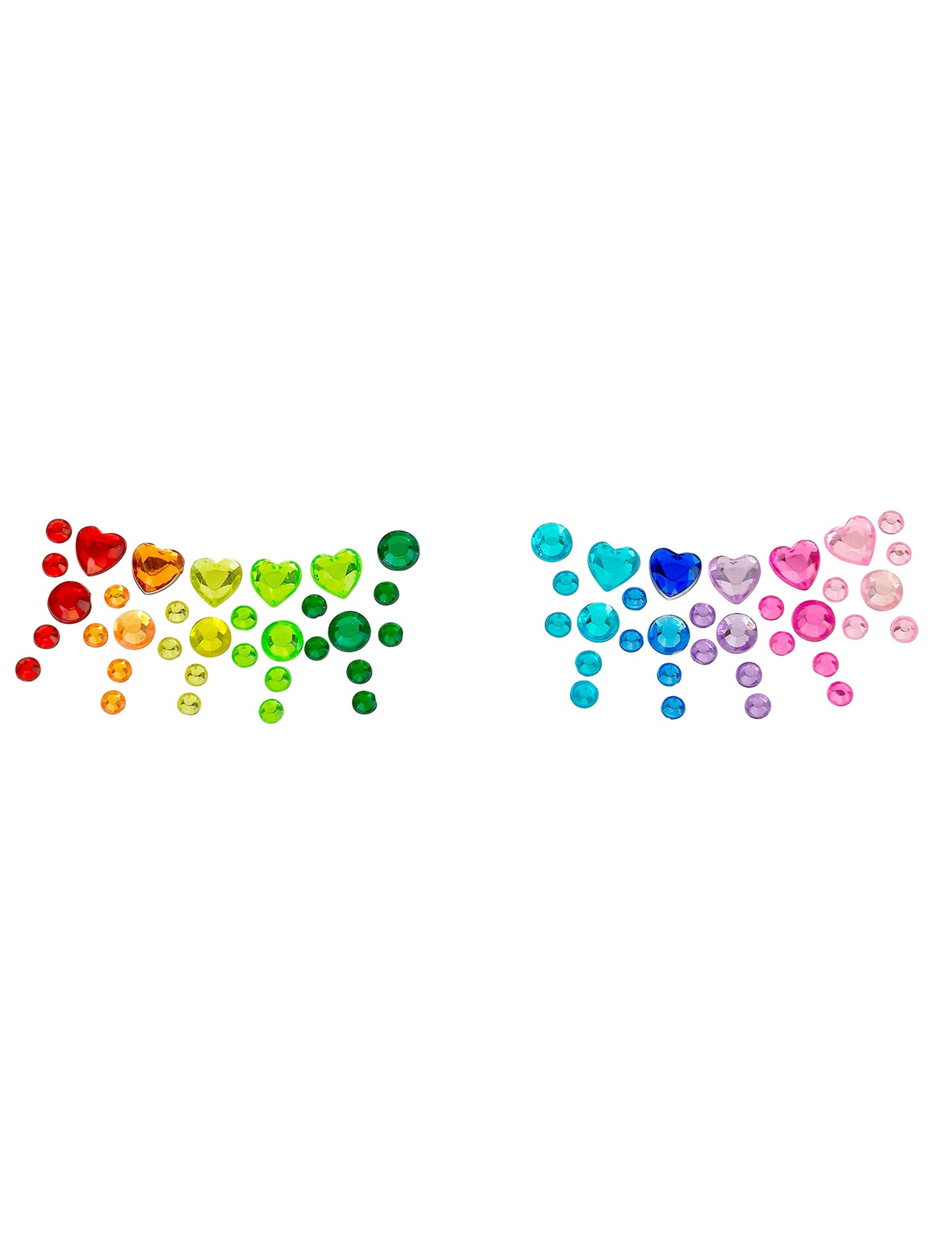 Vue d'ensemble des deux motifs des strass adhésifs cœurs arc en ciel
