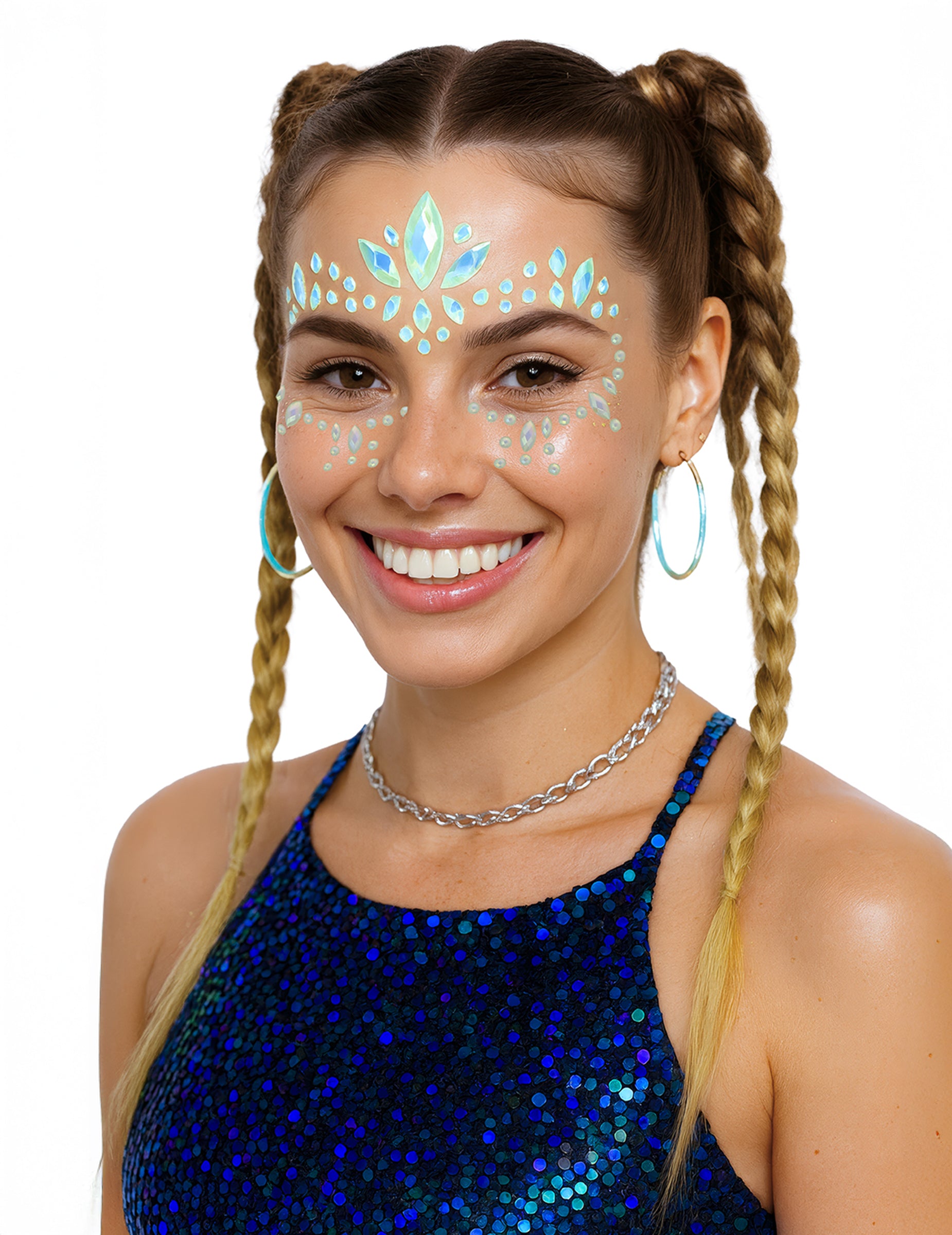 Mise en situation sur le visage des strass adhésifs phosphorescents