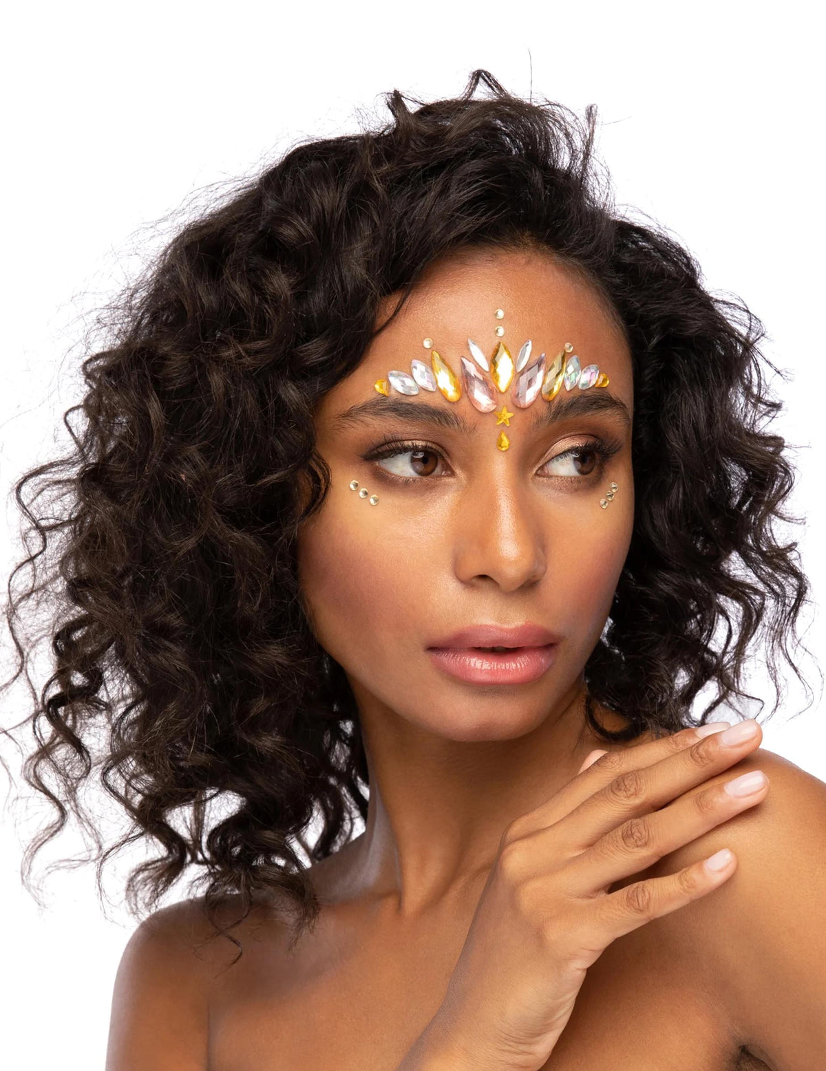 Strass adhésifs pour visage déesse dorée pour femme doré et irisé