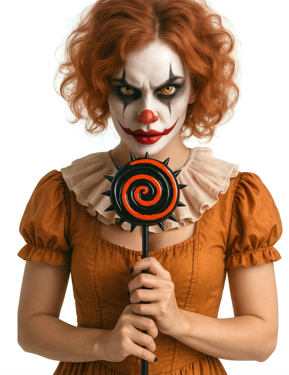 Mise en situation de la sucette horrifique pour Halloween rouge et noir avec pointes