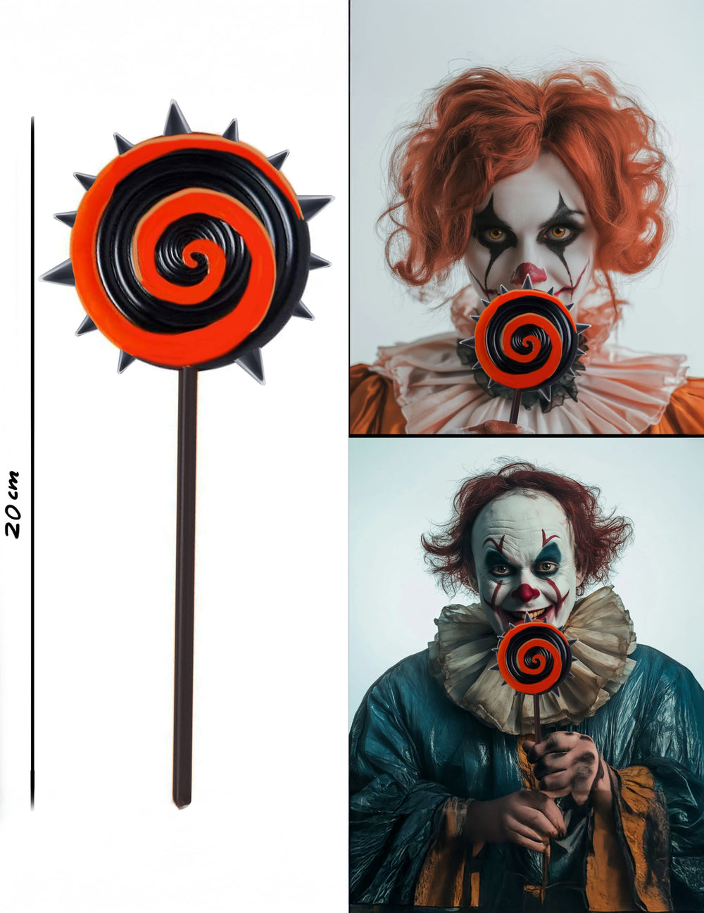 Différentes vues de la sucette horrifique pour Halloween rouge et noir avec pointes