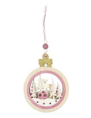 Suspension boule en bois village de Noël pour sapin rose