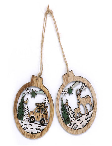 2 závěsné dekorace ze dřeva les v zimě 10 cm 