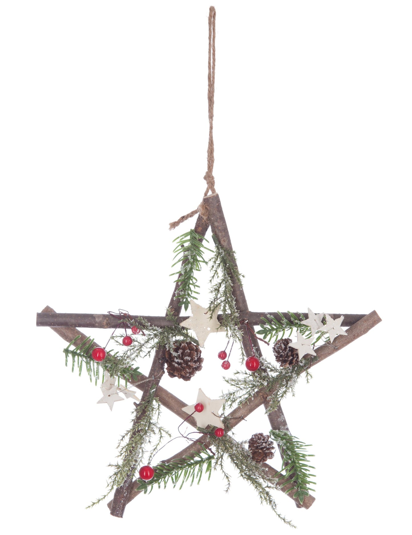 Závěsná dřevěná dekorace hvězda s šiškami a bobulemi 28 cm 