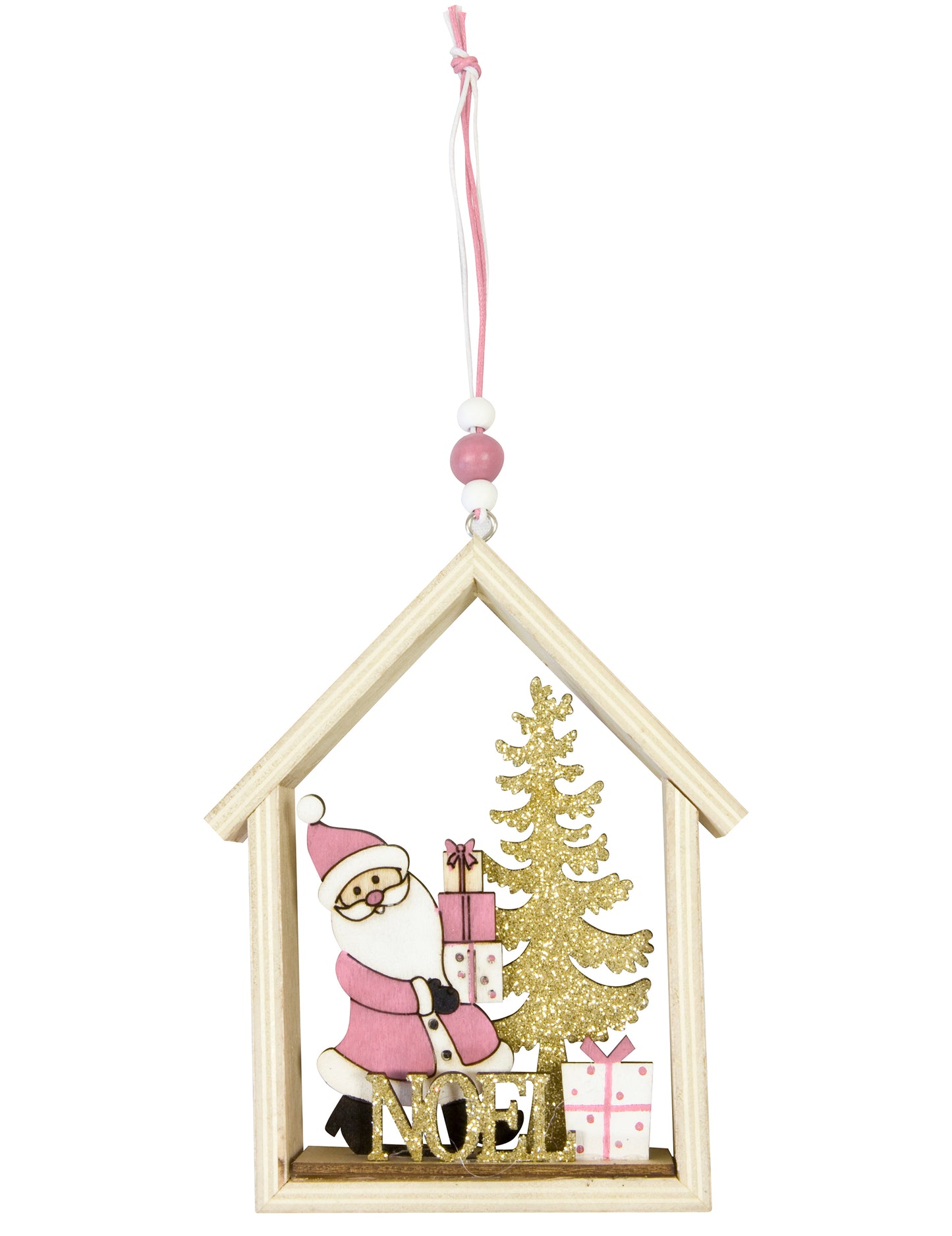 Suspension en bois maison du Père Noël pour Noël rose et doré à paillettes