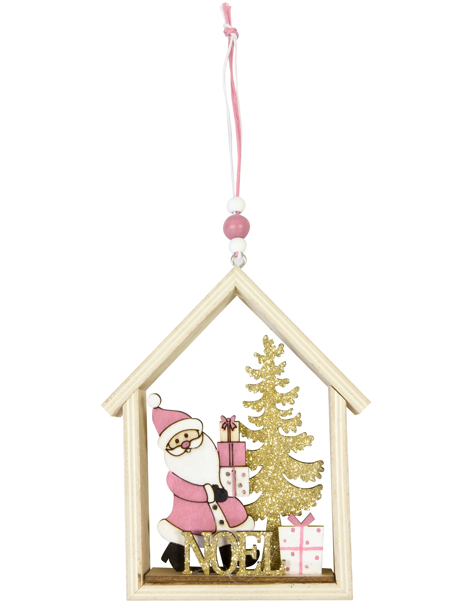 Suspension en bois maison du Père Noël pour Noël rose et doré à paillettes