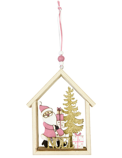 Suspension en bois maison du Père Noël pour Noël rose et doré à paillettes