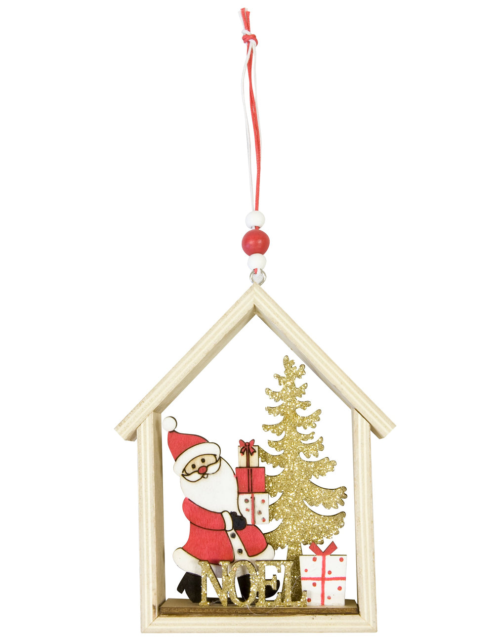 Suspension en bois Père Noël dans sa maison pour sapin rouge et doré