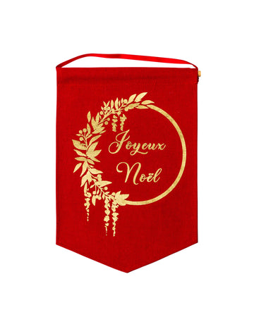Veselé Vánoce červený plátěný přívěsek se zlatým vločkováním 20 x 30 cm dekorativní