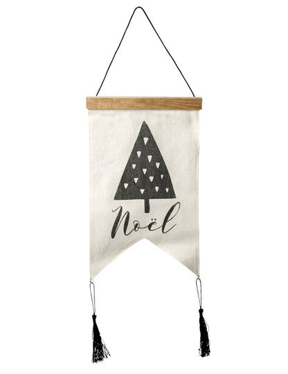 Tenture en lin noël graphique pour décoration blanc et noir avec pompons