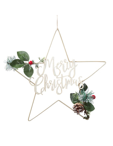 Zlaté kovové závěsné světlo Merry Christmas star 32 cm ozdoba stromku