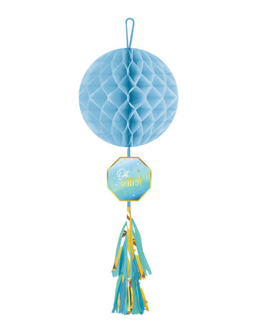Oh baby blue and gold voštinová papírová suspenze se střapcem 75 cm dekorace pro miminko