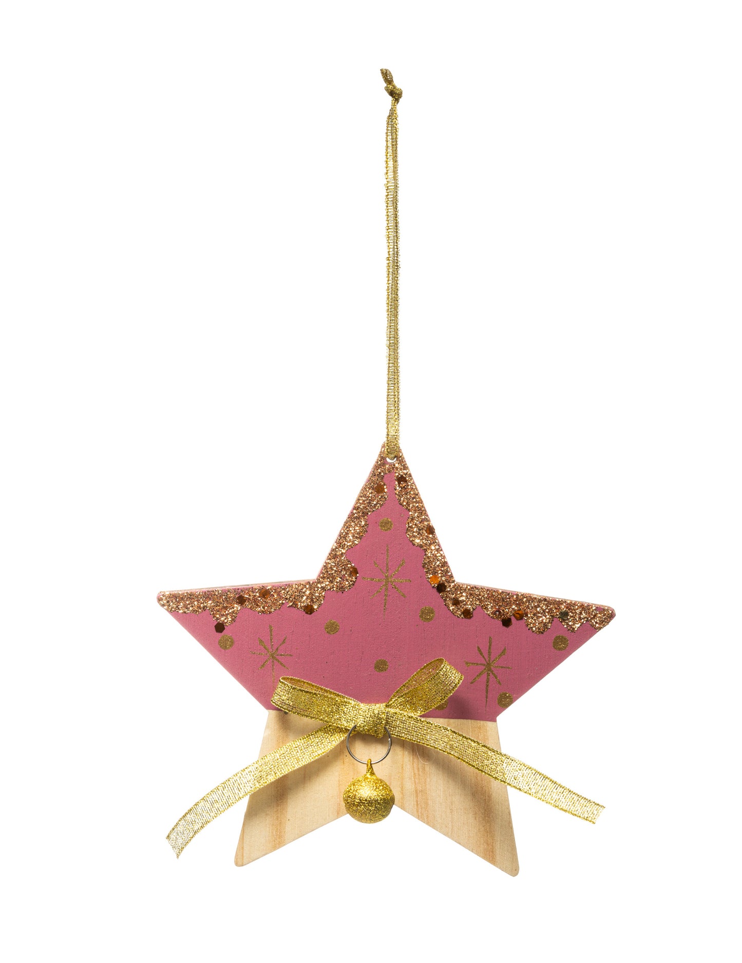 Růžové a dřevěné závěsné svítidlo s hvězdami 20 cm se zlatými vzory