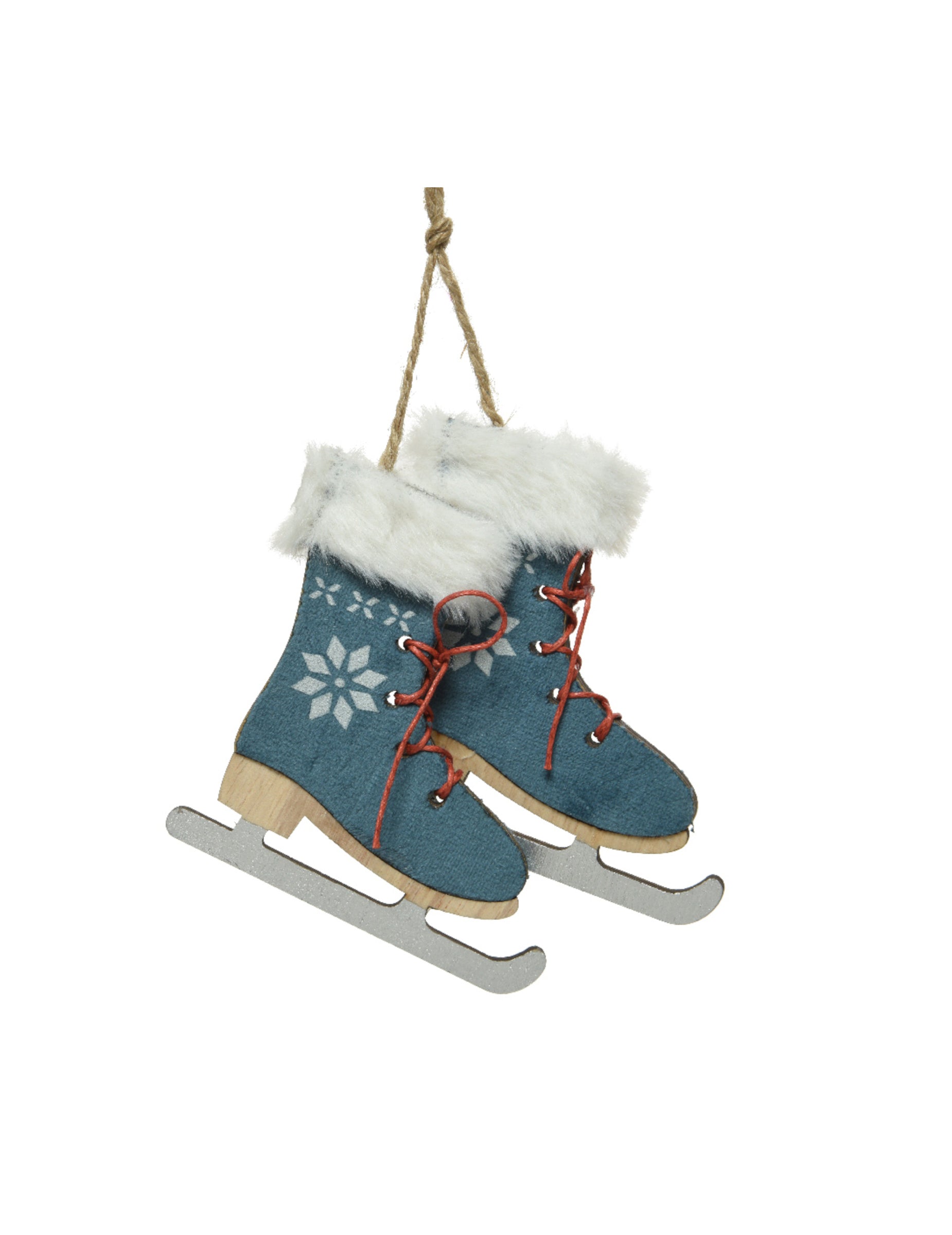Suspension patins à glace pour sapin bleus avec fausse fourrure et lacets rouges