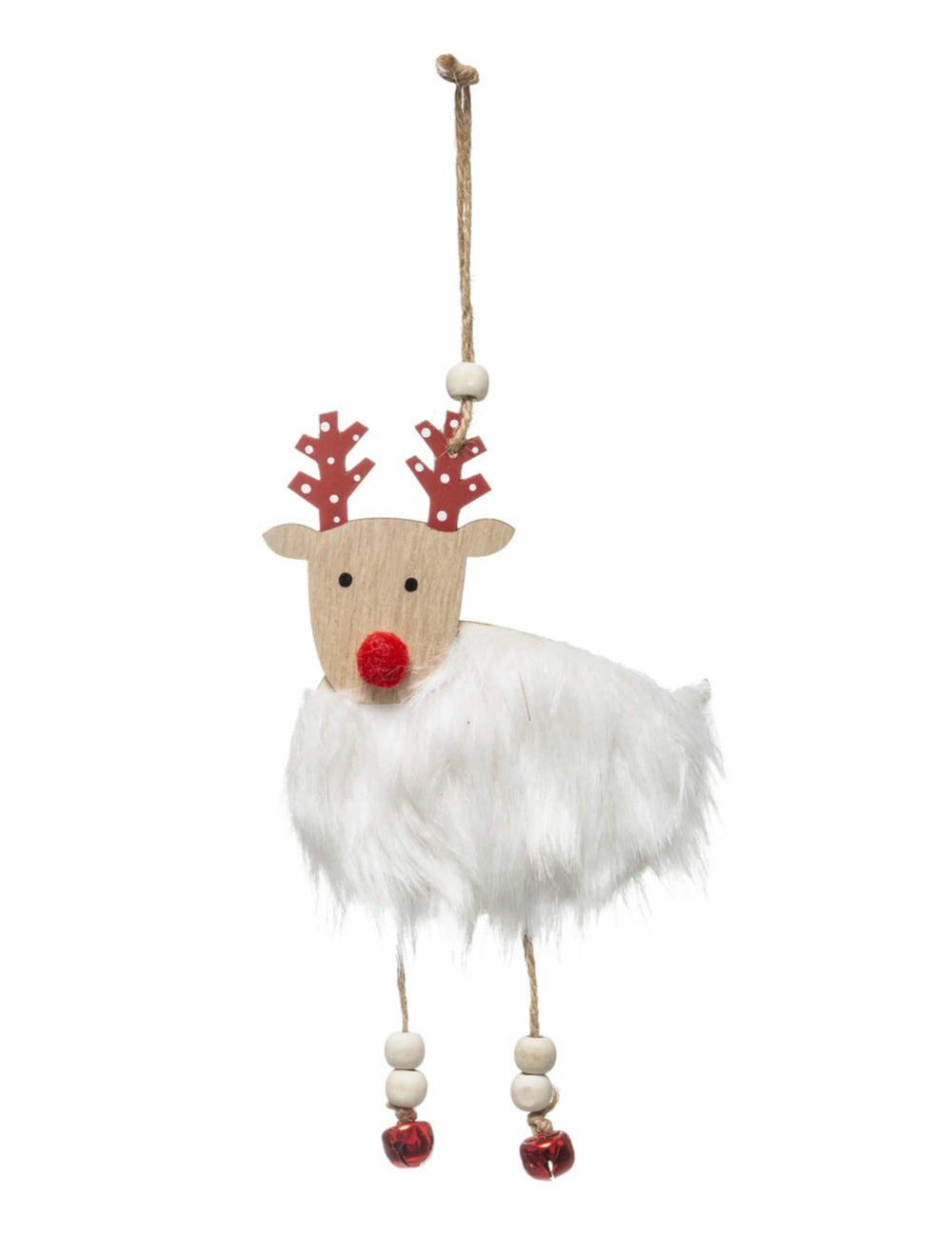 Suspension renne en bois pour décoration avec fourrure blanche et grelots rouges
