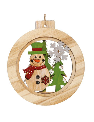 Kulatá závěsná dřevěná dekorace sněhulák 12 cm 