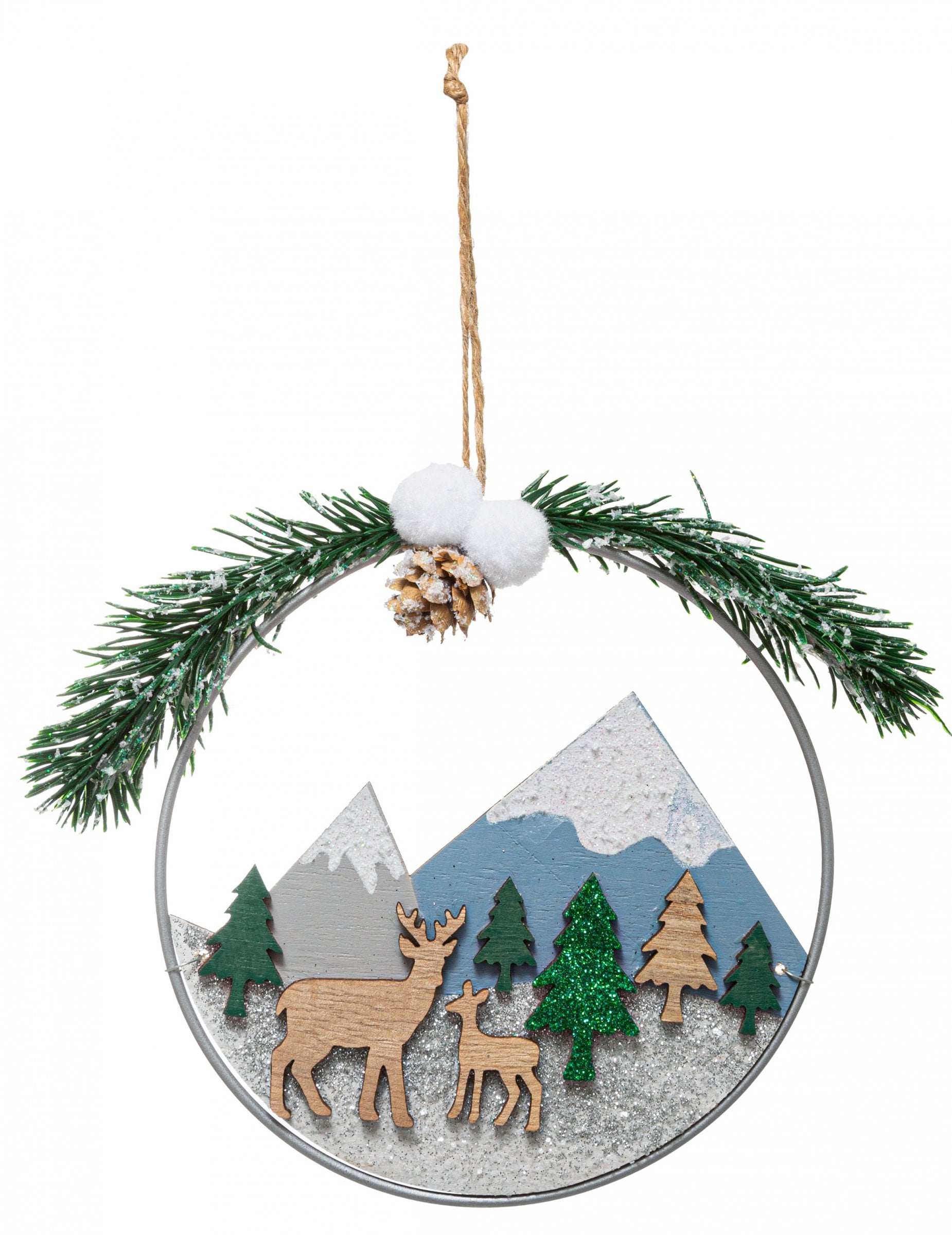 Suspension couronne paysage de Noël naturelle en bois avec cerf et sapins