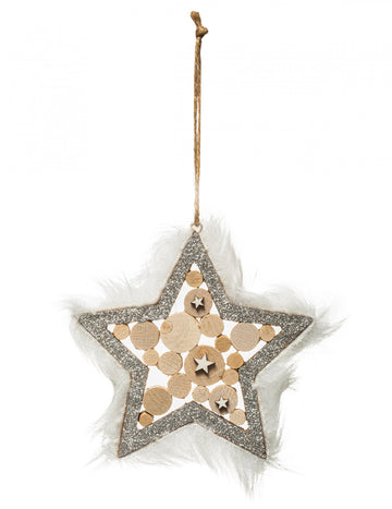Závěsná hvězda ze dřeva a stříbra s kožešinou 12 cm 