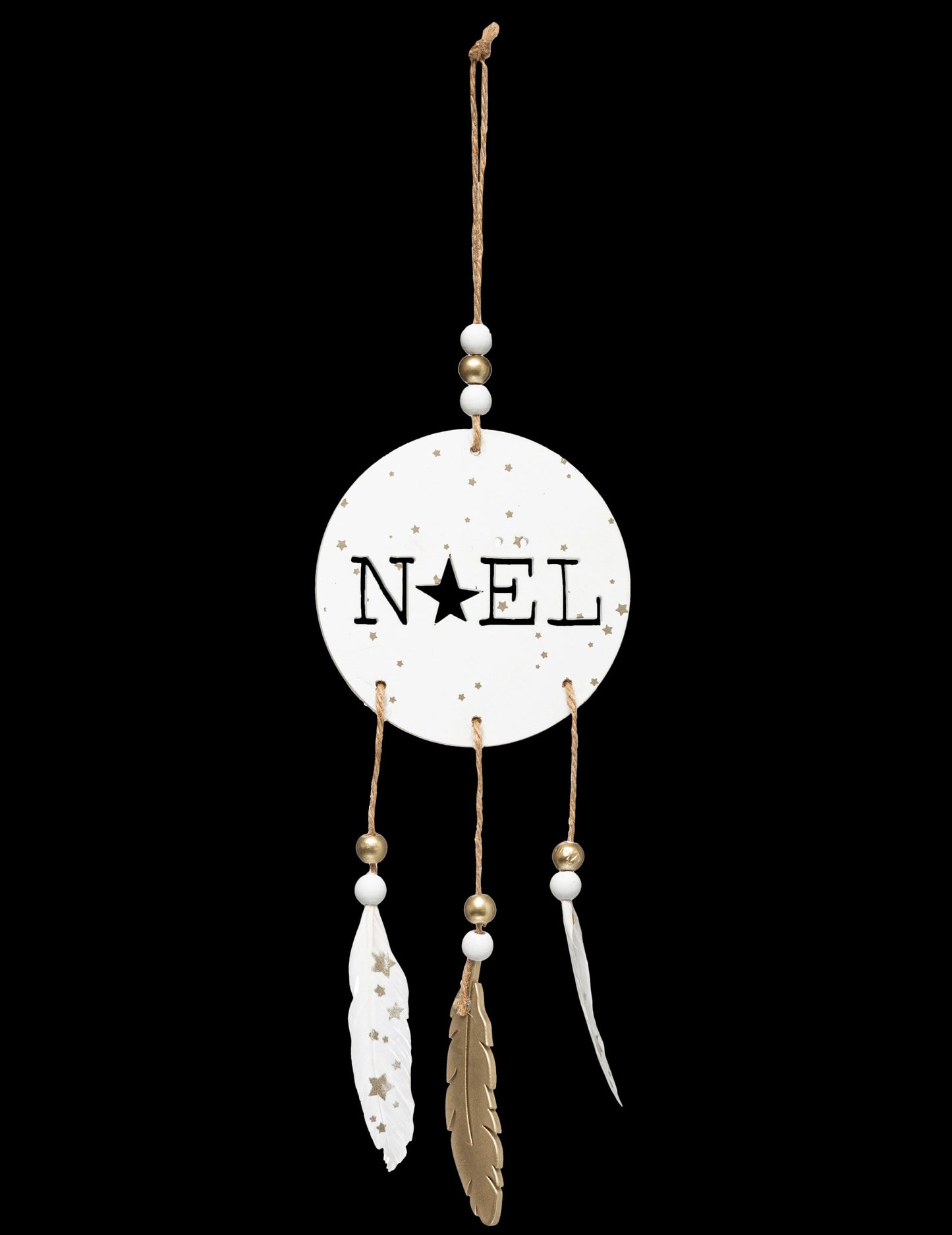 Závěsná dekorace z dřeva na Vánoce ve stylu boho s peřím 28 cm bílá a zlatá 