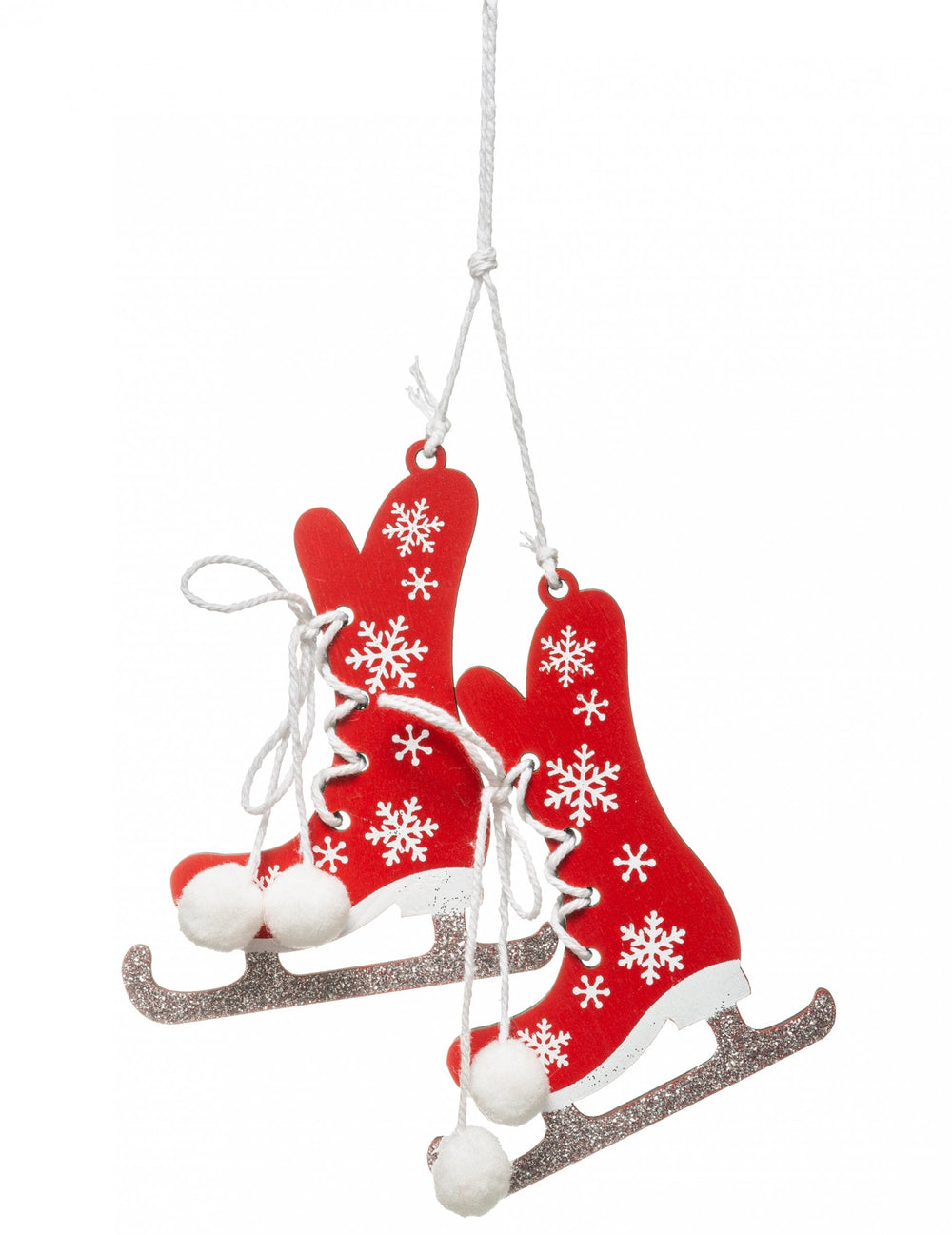 Suspension en bois patins à glace rouge et blanc avec pompons