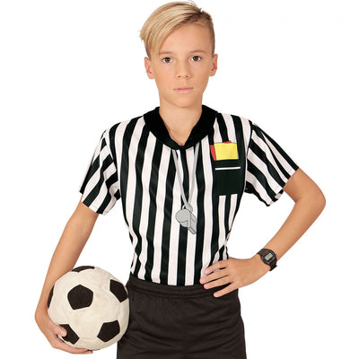 T-shirt arbitre de foot pour enfant à rayures noires et blanches avec sifflet imprimé