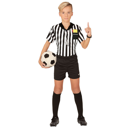 Vue d'ensemble du T-shirt arbitre de foot pour enfant porté avec short et ballon