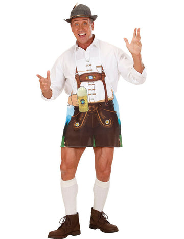 Tablier bavarois pour homme marron et blanc avec motif lederhosen et chope de bière
