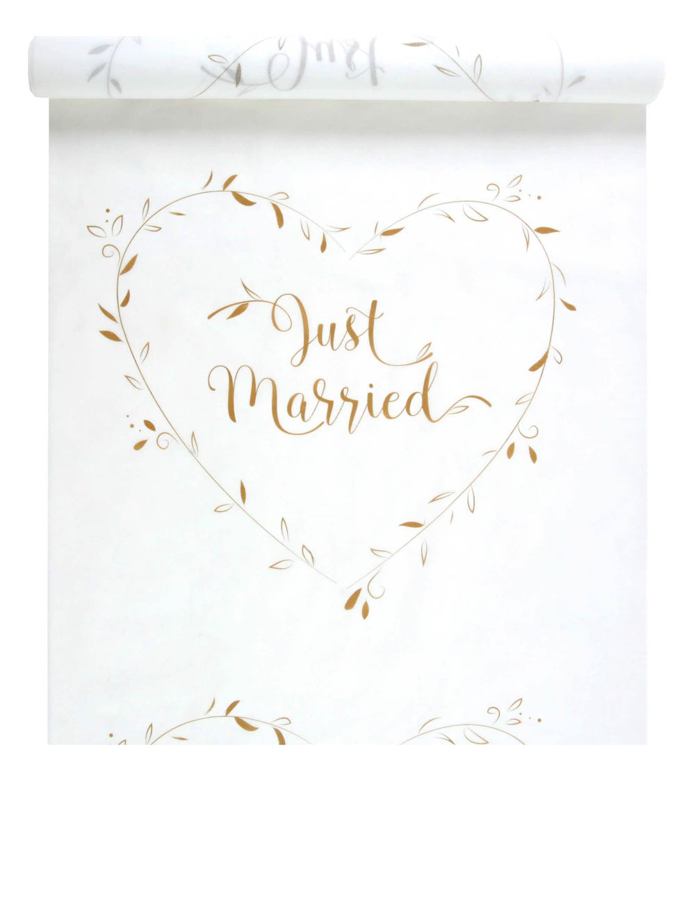 Tapis de cérémonie Just Married pour mariage blanc et or avec motif cœur feuillage