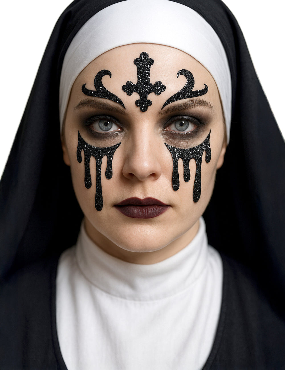 Tatouages pailletés de nonne pour femme noirs avec croix et larmes