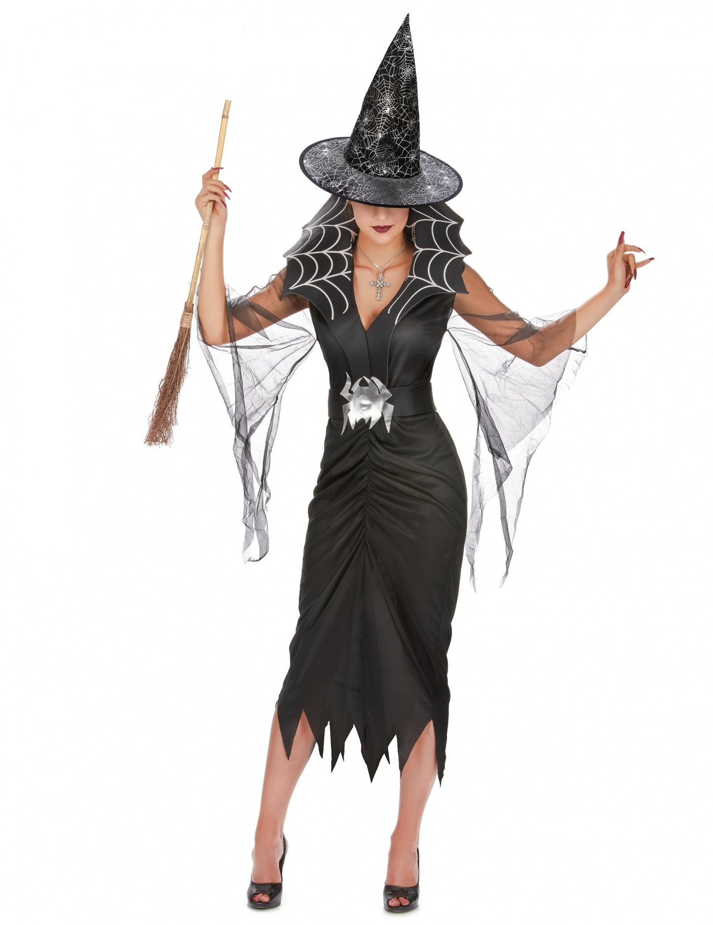 Verkleidungsset Spinnenhexe für Damen mit Besen und Halloween-Hut