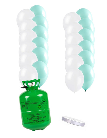 Heliumflaschen-Set mit 12 mintfarbenen Luftballons, 12 weißen Luftballons und Band