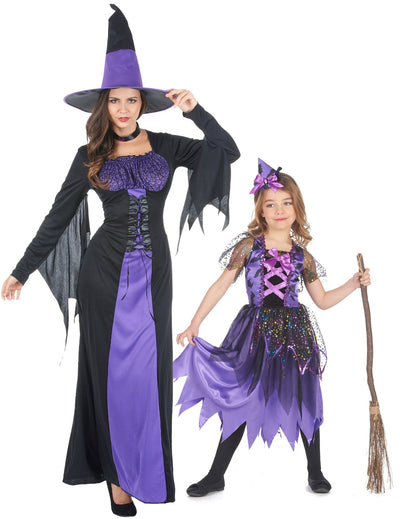 Párový kostým fialových čarodějnic matka-dcera Halloween