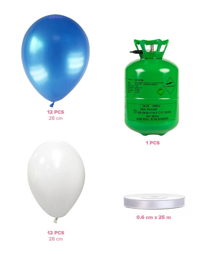 Heliumflaschen-Set mit 12 weißen Ballons, 12 blauen Ballons und Band