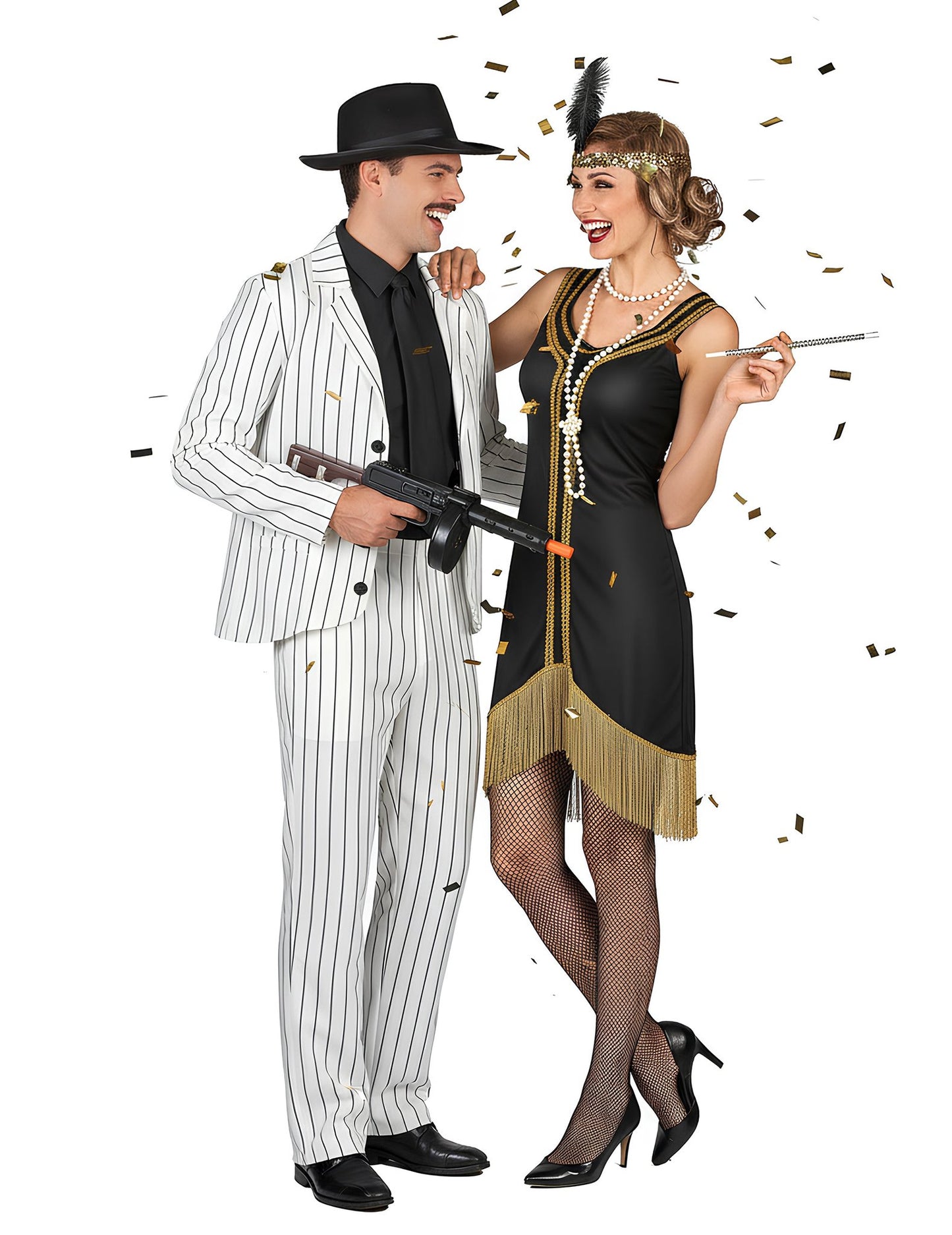 Déguisement de couple gangster blanc et charleston noir et or adultes