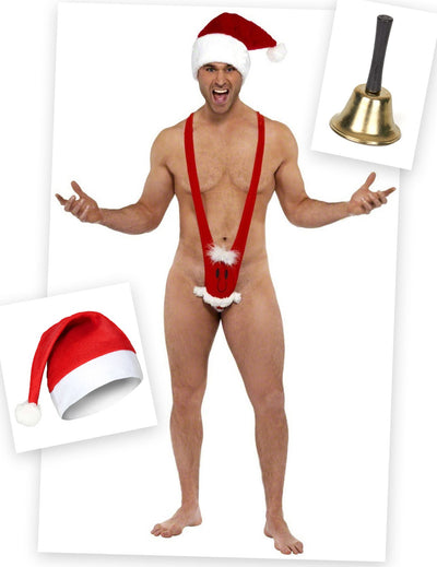 Balíček kostýmu Mankini Santa Clause s čepicí a zvonečkem