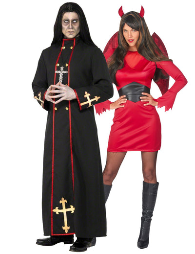 Paar-Faschingskostüm rote und schwarze Teufelin und dämonischer Mönch für Halloween