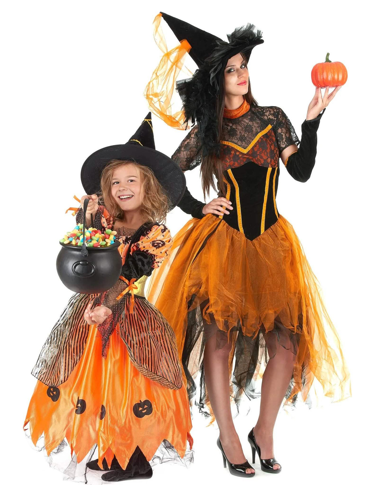 Párový kostým oranžové čarodějnice pro matku a dceru na Halloween