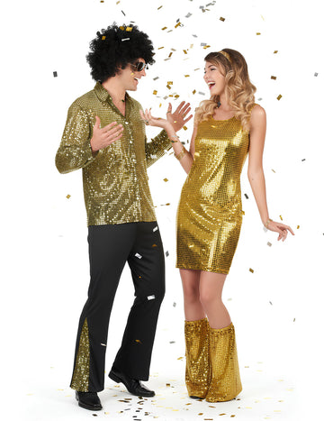 Kostým pro dospělé s flitrovaným zlatým diskotékovým motivem pro páry