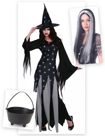 Balíček kostýmu čarodějnice pro ženy s kotlíkem a parukou na Halloween