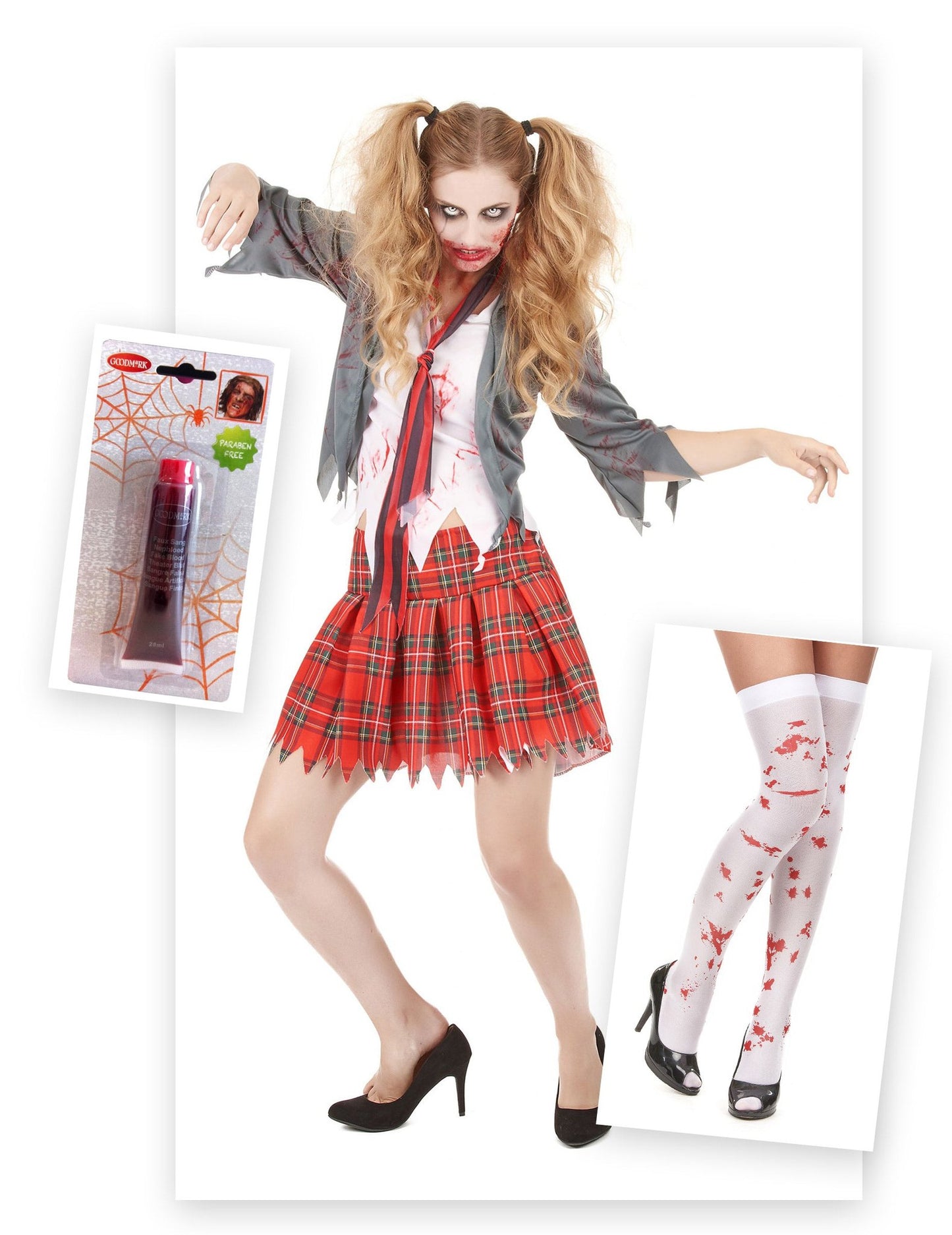 Zombie-Schulmädchen-Kostüm mit Kunstblut und Strümpfen für Halloween