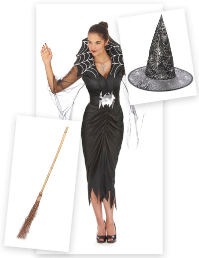 Balíček kostýmu čarodějnice pavouka pro ženy s koštětem a kloboukem na Halloween