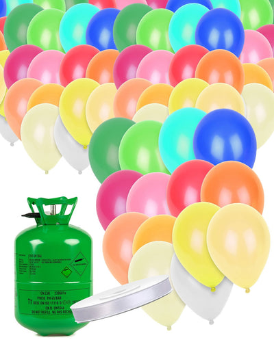 Kit bouteille d'hélium avec 50 ballons multicolores et ruban