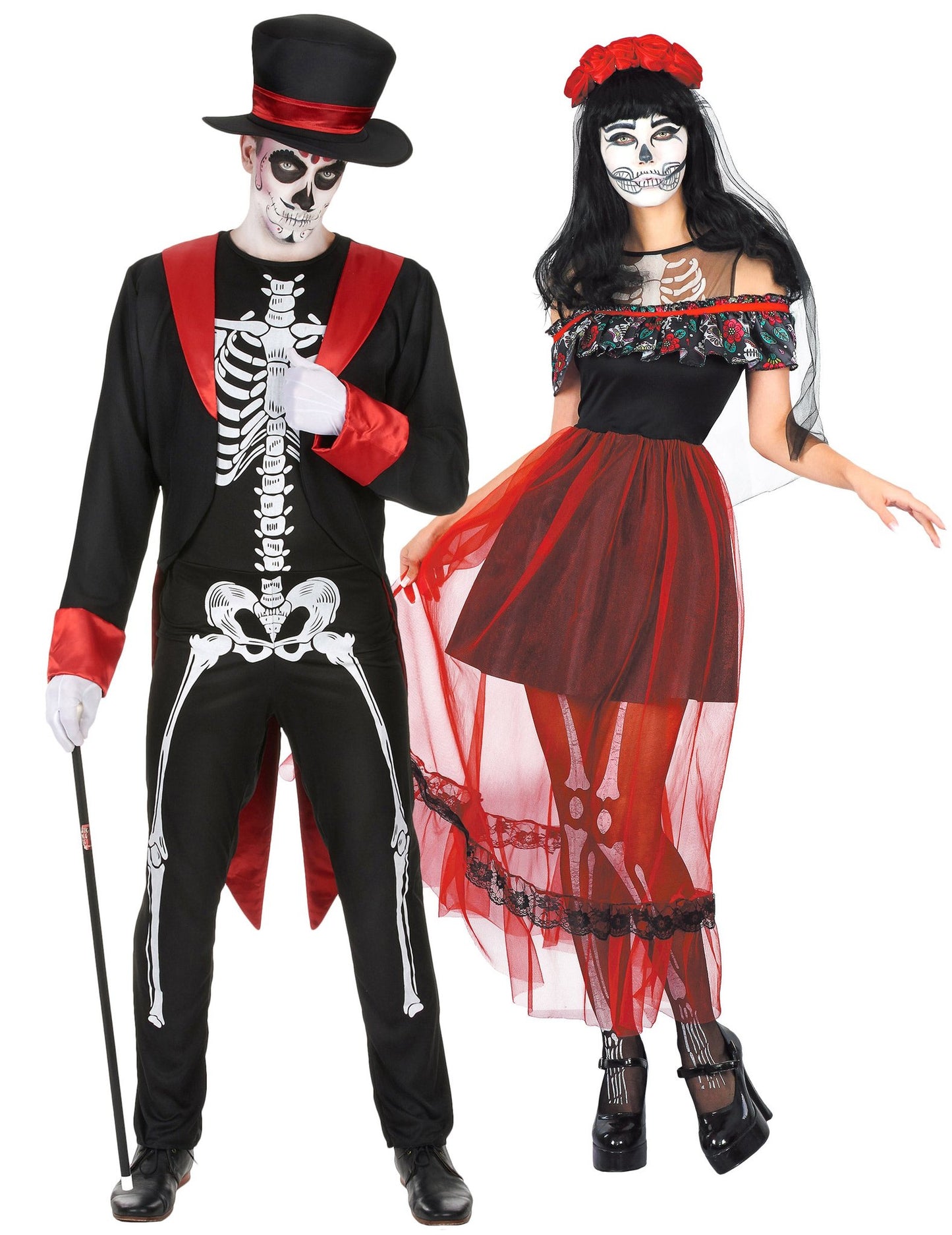 Pár kostýmů kostry v elegantním stylu, červený a černý, Día de los Muertos, Halloween, dospělý