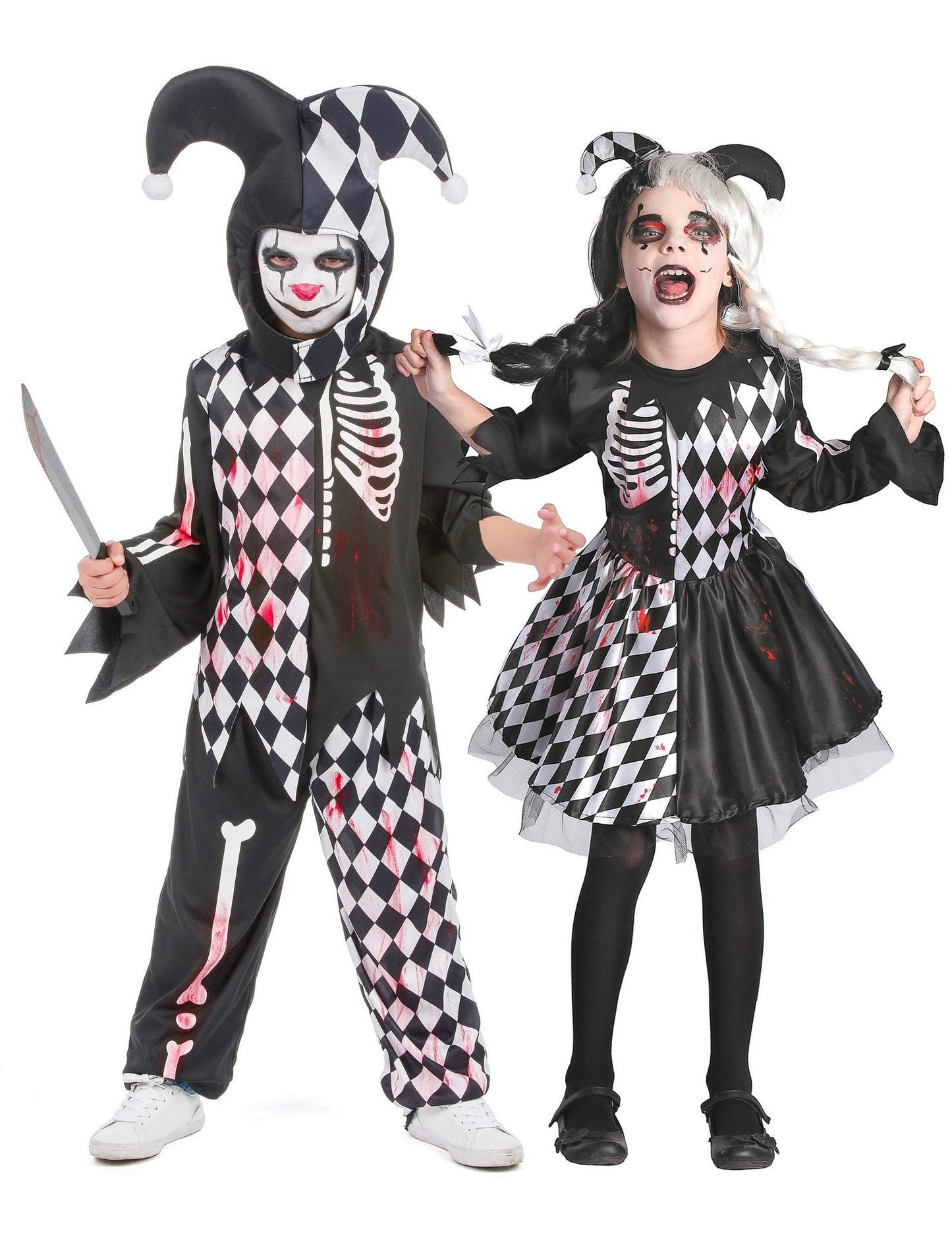 Déguisement de couple arlequin ensanglanté enfants